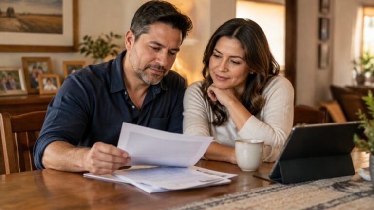 Pareja revisando en casa los documentos de un seguro de vida