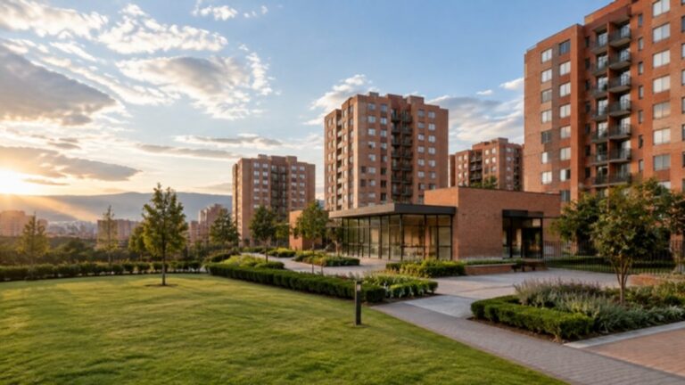 Conjunto residencial con zonas comunes y jardines en Bogotá