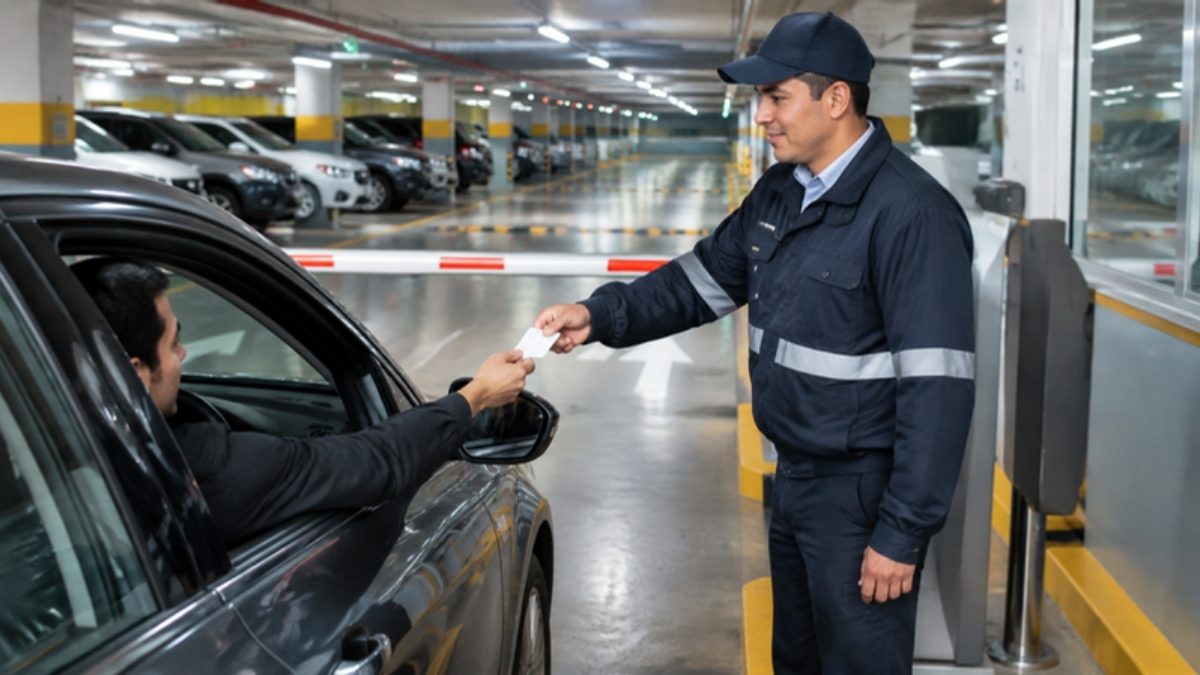 Empleado de parqueadero entregando tiquete a un conductor en la entrada