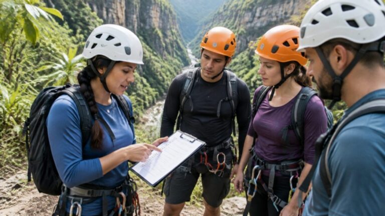 Guía turística revisando la seguridad con un grupo de turistas en Colombia